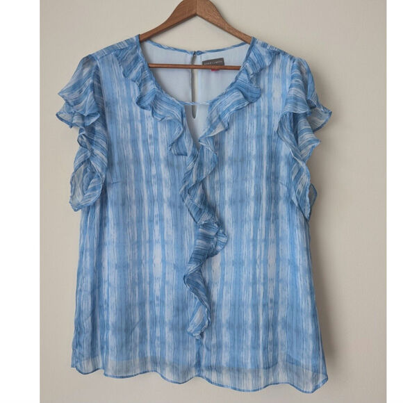 Vince Camuto Blouse Womens Medium Blue Ruffle Sheer Breezy Airy Office Feminine - Picture 1 of 9